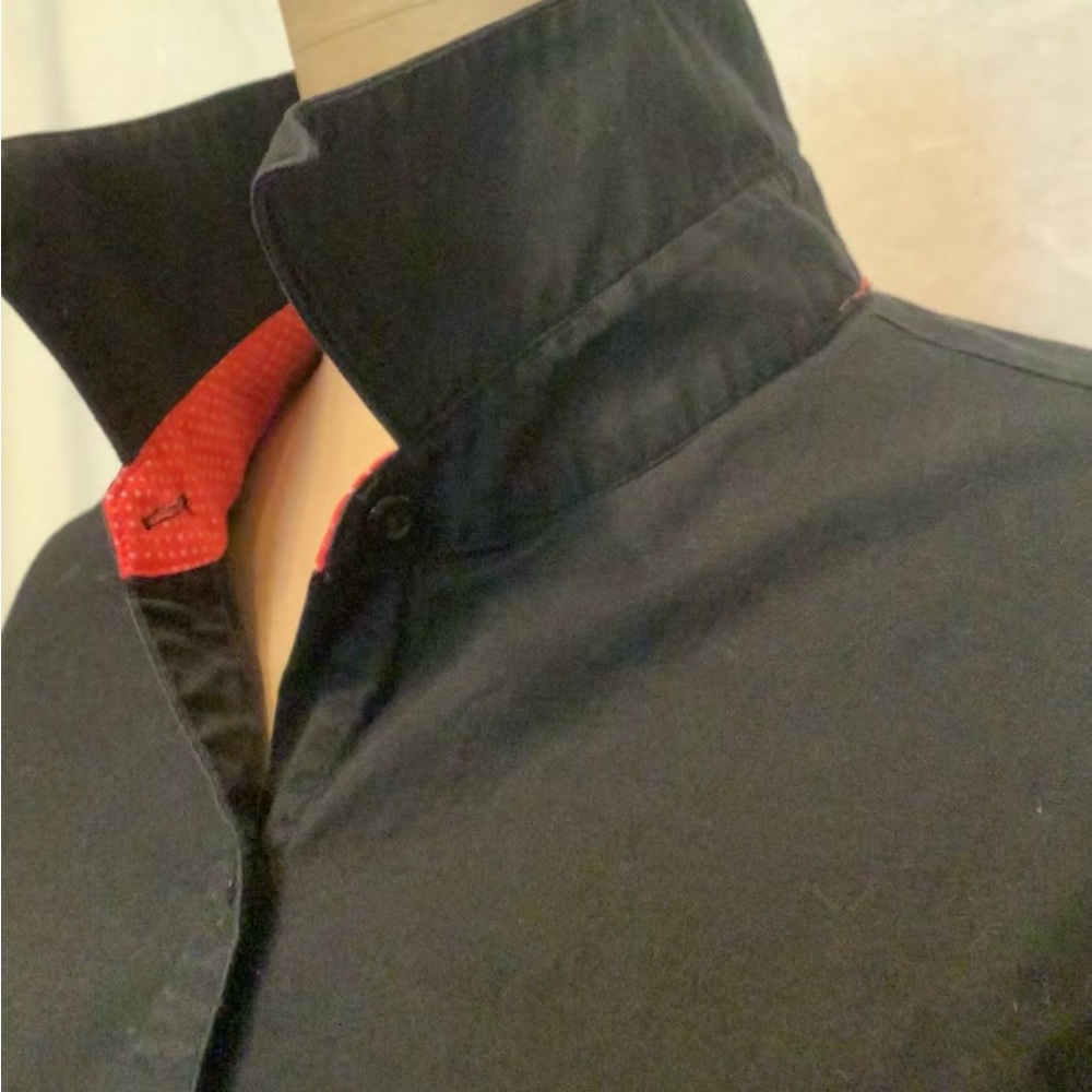 Women's Large Black Button-Up Shirt with Red Polka Dot Collar Accent - Picture 9 of 12